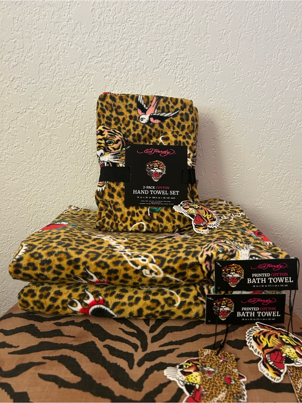 NEW Ed Hardy 4-Piece Leopard Print 100% Cotton Bath Towel Set